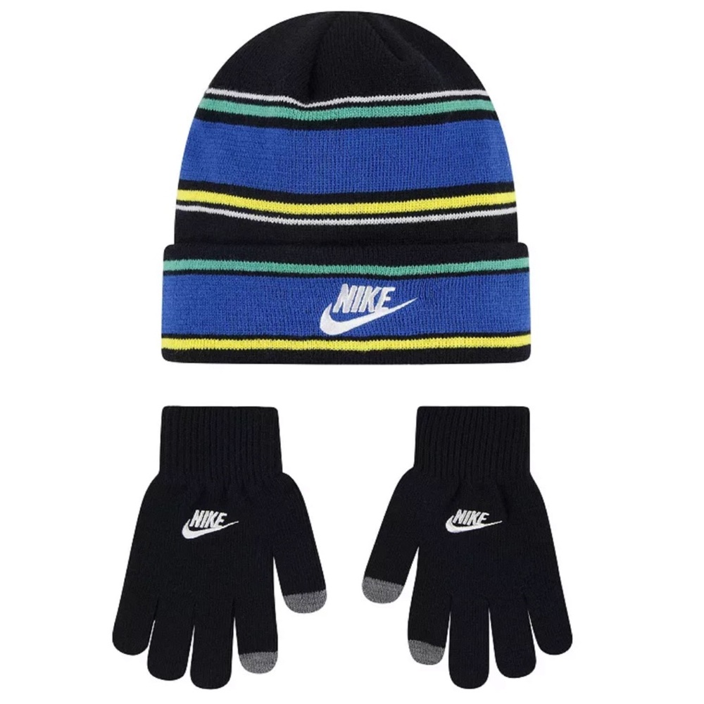 Nike Boys Striped Logo Beanie Hat and Gloves Set